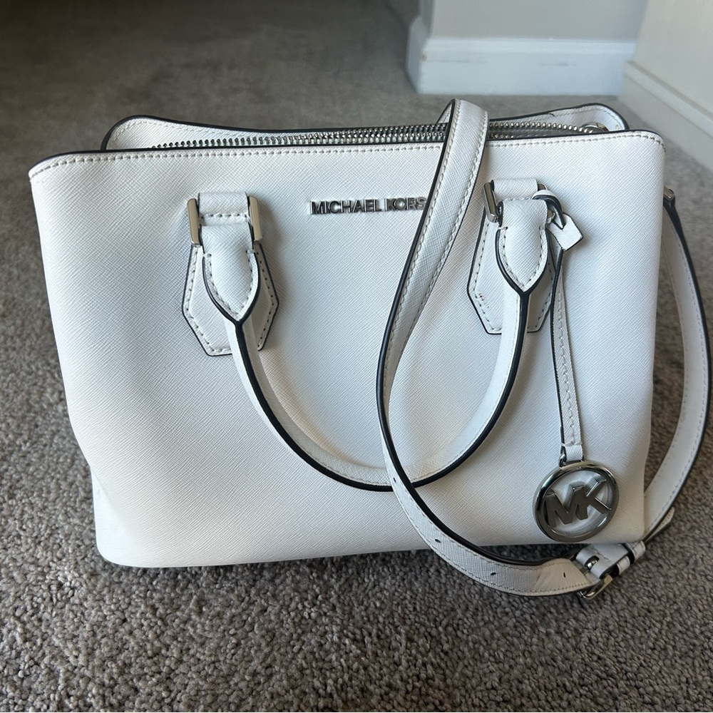 Michael Kors Camille Pebbled Leather Satchel White Bag Purse